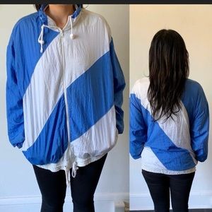 1980's Blue and White Striped Women's Nylon Track Jacket Vintage Windbreaker